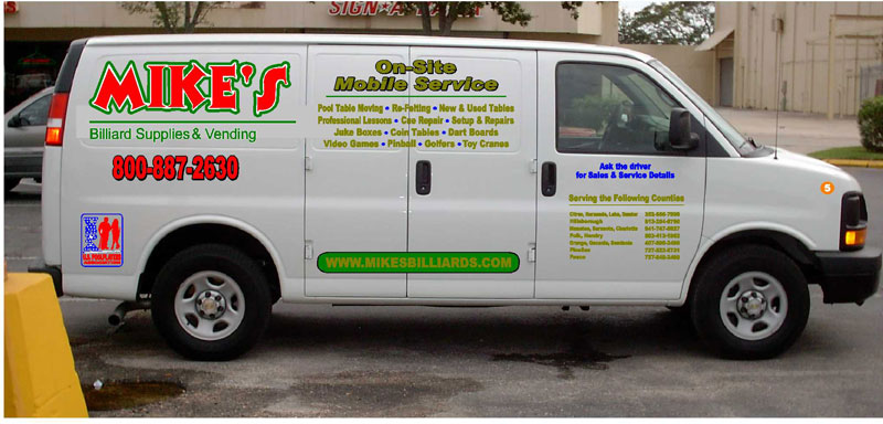 This 2006 Chev van is one of 5 service vehicles that is specially used to service pool table and billiard tables all over the 85 Counties in Georgia that Mike's Billiard supplies and Crating provides recover, re-rubber and crating service to